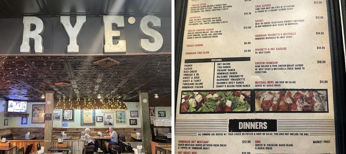 Rye's Bar & Restaurant Menu