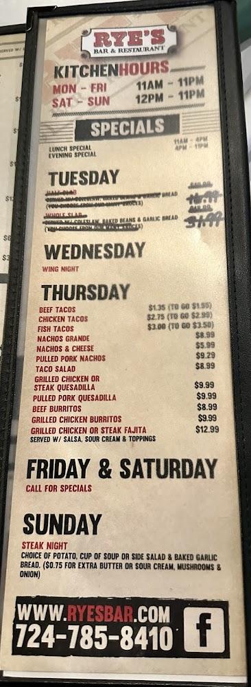 Rye's Bar & Restaurant Menu image 4